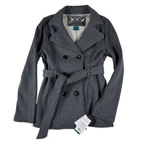 Sebby Womens M Charcoal Gray Double-Breasted Belted Peacoat Minimalist Timeless